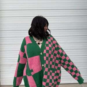 Pink and Green Checkered Cardigan